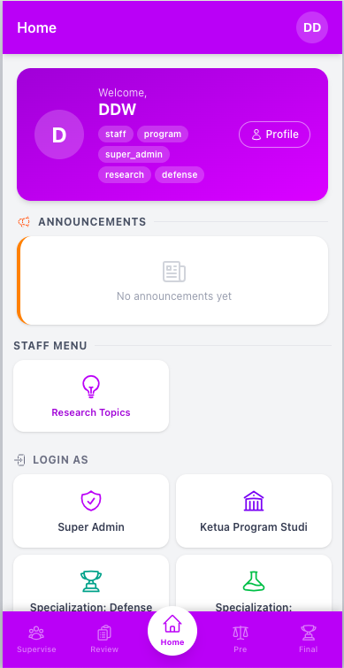 ArSys on a phone: home screen with user roles, announcements, the Research Topics menu, and role switching