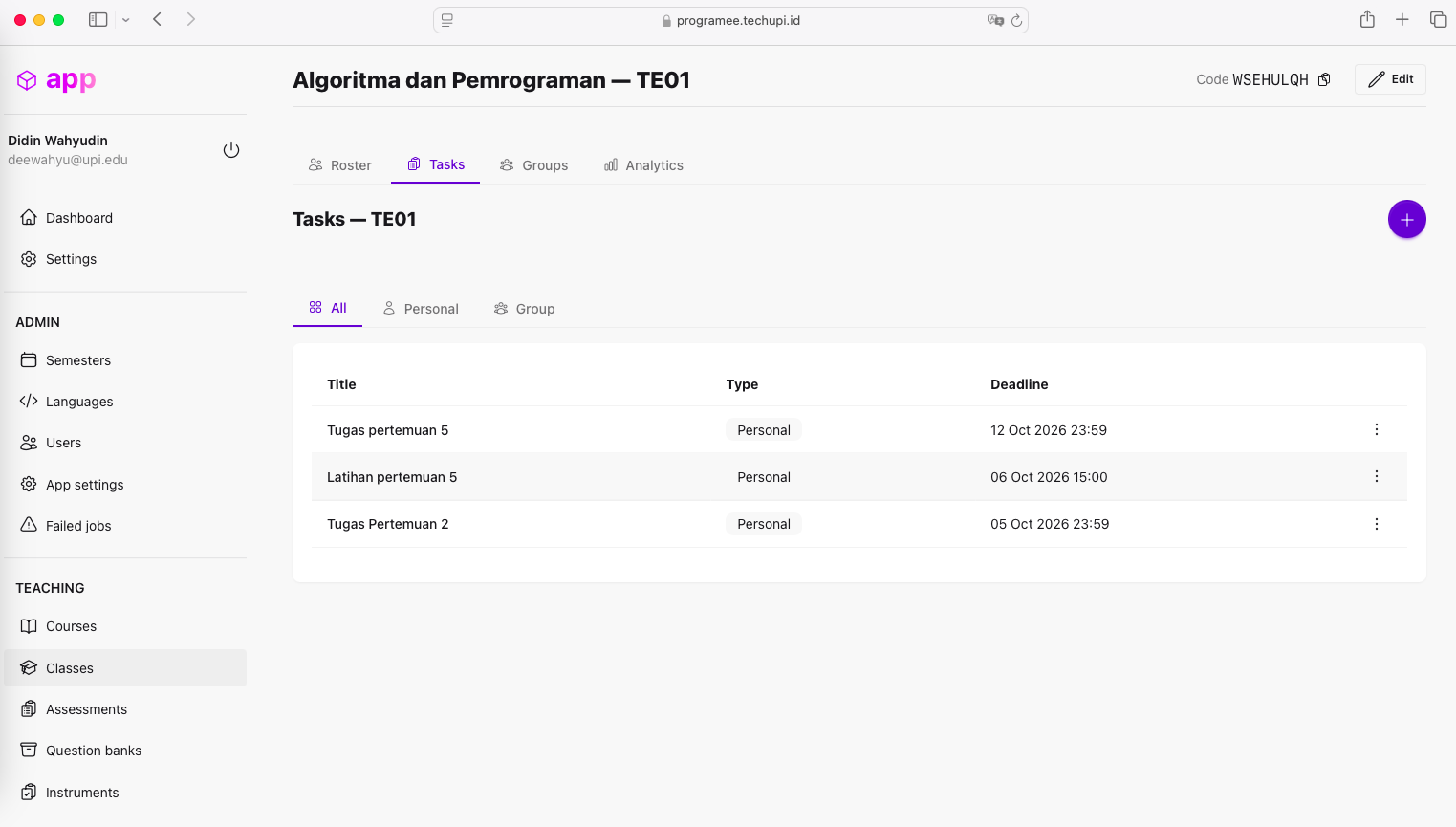 Programee: task list for the Algorithms and Programming class TE01 with task types and deadlines